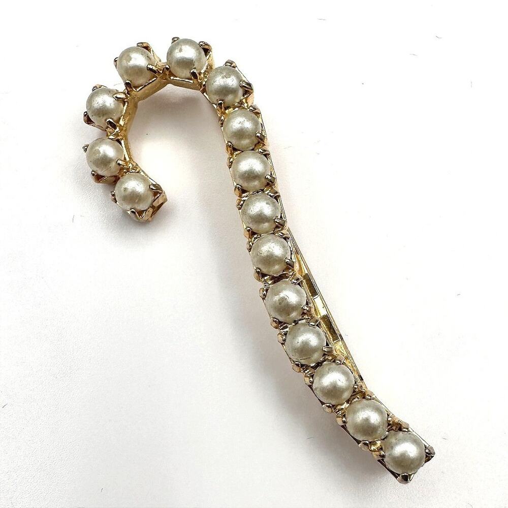Vintage 90s Gold Tone Faux Pearl Candy Cane Brooch Pin Retro Statement Jewelry
